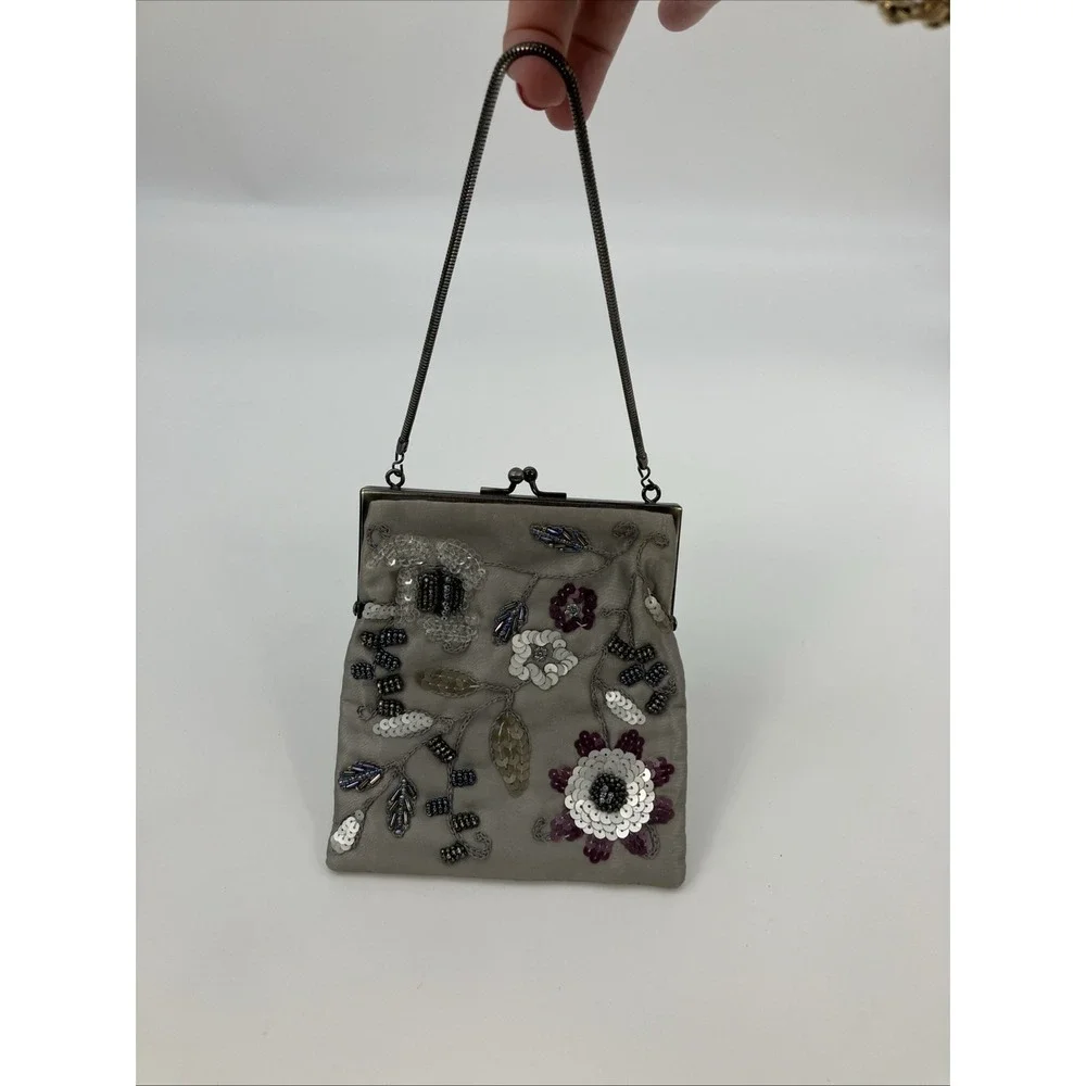 Vtg Elan Beaded Floral Mini‎ Purse Satin Gray Purple Kiss Lock Evening Bag Party